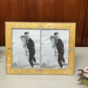 Vintage silver plated Yellow Enamel with Rhinestone double photo frame